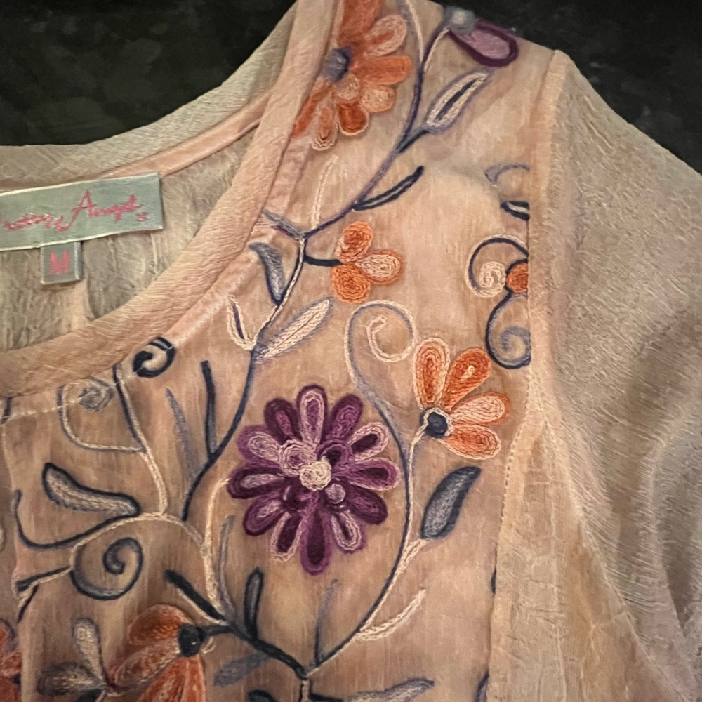 Pretty Angel Embroidered Silk Blend Tunic Top | Size Medium - Picture 2 of 9